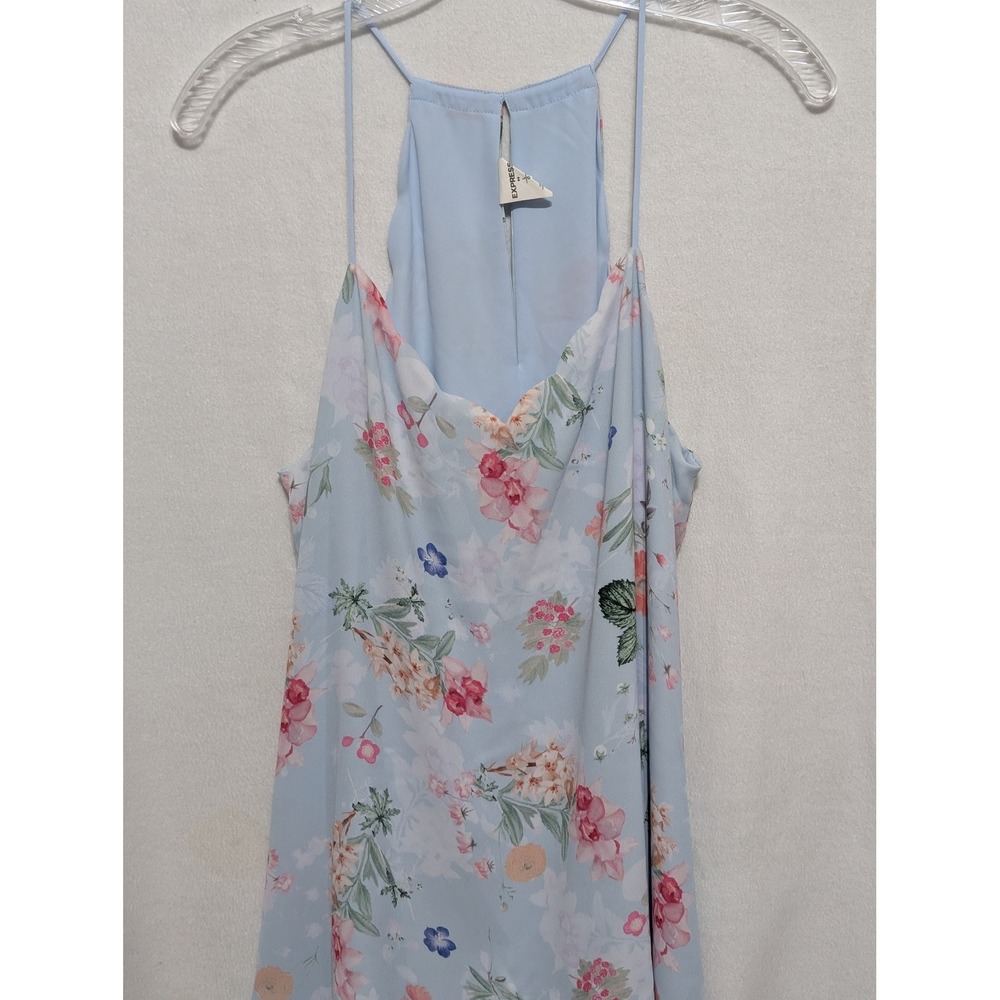 Express Women Light Blue Floral Halter Neck Camisole Top Size L Racerback Blouse